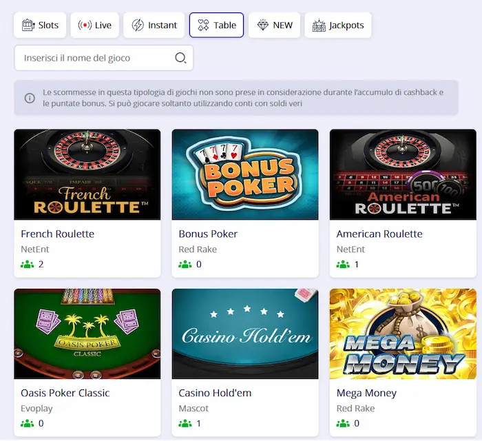 Casino Stellare Online table
